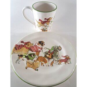 Pier 1 Park Avenue Puppies Small Plate & Mug Hand Painted Ironstone Dogs
